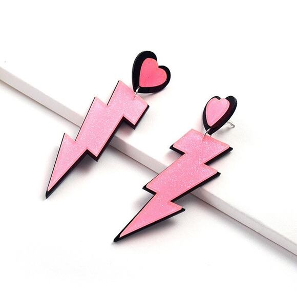 Pink & Black Lightning Bolt Acrylic Earrings with Heart Top - Picture 6 of 9